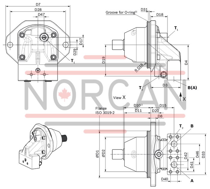 technical illustration-R902269716-3 pressure ranges to fit to different customer requirements and applications Space-saving construction due to recessed mounting flange Very high power density Very high total efficiency High starting efficiency Optional with integrated flushing valve Robust 40&deg; bent-axis technology Bent-axis design
