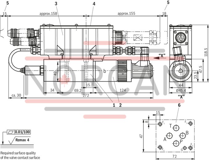 technical illustration-R901118994-3-way proportional directional valves with integrated digital control electronics IAC-P Completely adjusted unit consisting of position-controlled valve, pressure sensor and field bus connection Operation by means of proportional solenoids with central thread and detachable coil Valve control spool, position-controlled Integrated pressure sensor plate (optional) Porting pattern according to ISO&nbsp;4401 Analog interface for command and actual value Design for CAN bus with CANopen protocol DS 408 or Profibus-DP Quick commissioning via PC and commissioning software WIN-PED