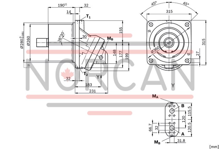 technical illustration-R902155652-Space-saving construction due to recessed mounting flange Easy to install, simply slide into the mechanical gearbox High power density Very high total efficiency High starting efficiency Optional with integrated pressure relief valve Optional with mounted addifitonal valve: counterbalance valve (BVD/BVE), flushing and boost-pressure valve Bent-axis design