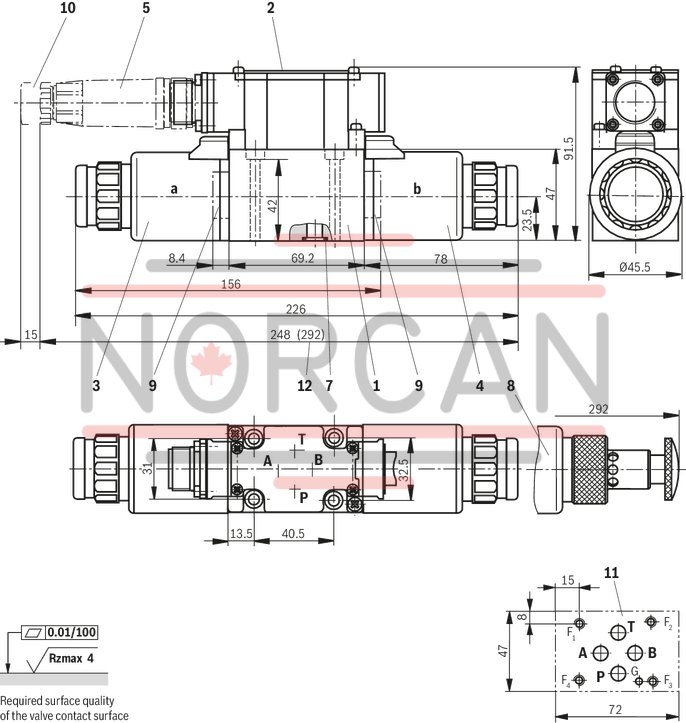 technical illustration-R961005266-Direct operated proportional valve for controlling the pressure and direction of a flow Actuation by proportional solenoid with central thread and detachable coil For subplate mounting: Porting pattern according to ISO 4401 Manual override, optional Spring-centered control spool Type 3DREPE with integrated electronics (OBE) Type 3DREP with external electronics