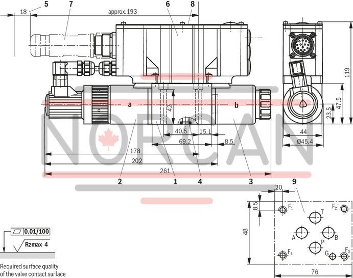 technical illustration-R900707192-Direct operated proportional directional valve for controlling flow direction and flow size Operation by means of proportional solenoids with central thread and detachable coil Electrical position feedback Integrated electronics (OBE) with B6 interface Monitoring of control spool position With or without step function Spring-centered control spool For subplate mounting: Porting pattern according to ISO 4401