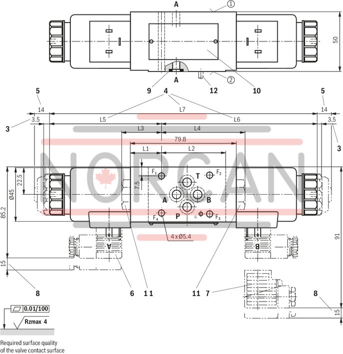 technical illustration-R900945999-Direct-controlled directional slide valve with solenoid actuation Sandwich plate valve As stop straight-through valve or stop straight-through short circuit valve Porting pattern according to DIN&nbsp;24340 form&nbsp;A (without locating hole), (standard) Porting pattern according to ISO&nbsp;4401-03-02-0-05 (with locating hole) Wet-pin AC or DC solenoids Manual override, optional