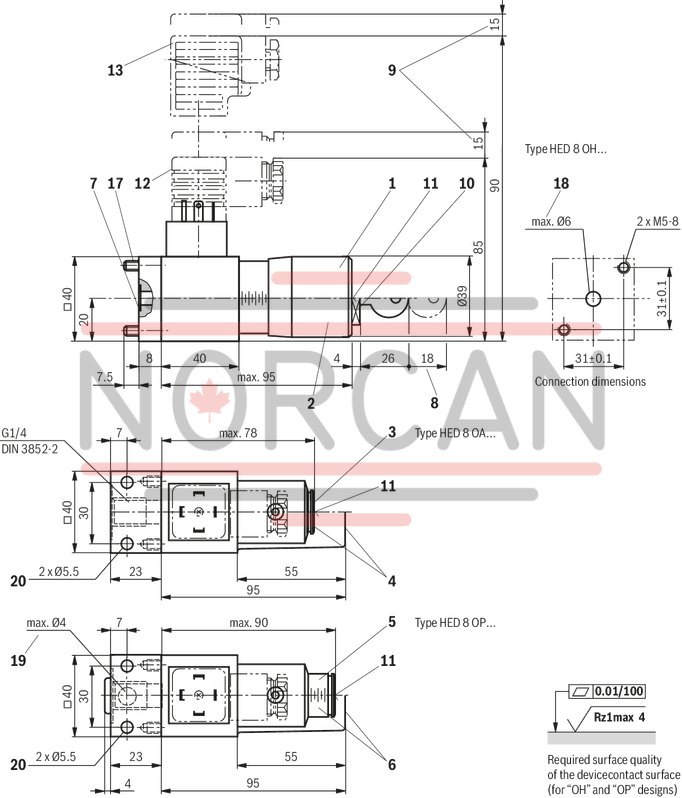 technical illustration-R901102362-200 bar, micro switch with NC contact/NO contact function, device connector DIN EN 175301-803 (large cubic connector)