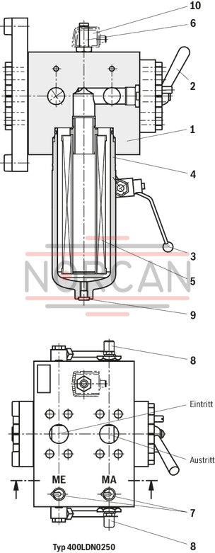 technical illustration-R928039285-Filters for inline installation, switchable Size 1000 with 2 piece filter bowl Special highly efficient filter media Filtration of very fine particles and high dirt holding capacity across a broad pressure differential range High collapse resistance of the filter elements Standard version equipped with mechanical/visual maintenance indicator with memory function Optional equipment with various electrical switching elements, modular design Bleeding and measuring port are standard