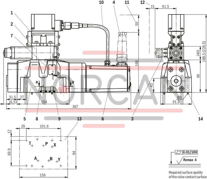 technical illustration-R900975158-Pilot-operated high-response directional valve, 2-stage, with electrical position feedback of the main control spool and integrated electronics (OBE) It is suitable for the position, pressure, force and velocity control when there are simultaneously high requirements on the dynamics in the small signal range and the response sensitivity Pilot control valve: single-stage servo valve according to nozzle/flapper plate principle Position sensing of the main control spool by means of an inductive position transducer High response sensitivity and low hysteresis Replaceable filter element Integrated control electronics, external zero point correction possible For subplate mounting: Porting pattern according to DIN 24340 form A and ISO 4401