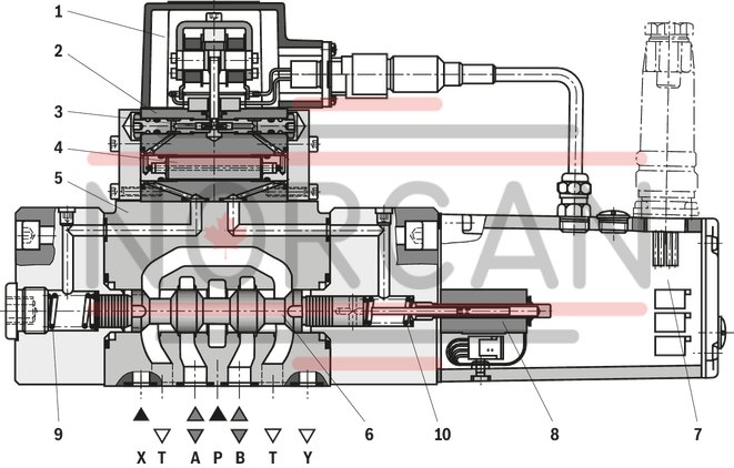 technical illustration-R900975158-Pilot-operated high-response directional valve, 2-stage, with electrical position feedback of the main control spool and integrated electronics (OBE) It is suitable for the position, pressure, force and velocity control when there are simultaneously high requirements on the dynamics in the small signal range and the response sensitivity Pilot control valve: single-stage servo valve according to nozzle/flapper plate principle Position sensing of the main control spool by means of an inductive position transducer High response sensitivity and low hysteresis Replaceable filter element Integrated control electronics, external zero point correction possible For subplate mounting: Porting pattern according to DIN 24340 form A and ISO 4401