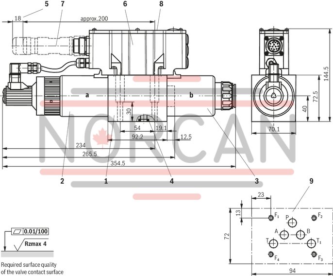 technical illustration-R900707192-Direct operated proportional directional valve for controlling flow direction and flow size Operation by means of proportional solenoids with central thread and detachable coil Electrical position feedback Integrated electronics (OBE) with B6 interface Monitoring of control spool position With or without step function Spring-centered control spool For subplate mounting: Porting pattern according to ISO 4401