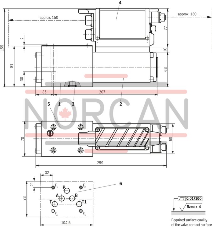 technical illustration-R901355172-Direct operated high-response valves with control spool and sleeve in servo quality Operated on one side, 4/4 fail-safe position in switched-off condition Integrated digital axis control functionality (IAC-R) for:<br>
- Position control with underlying velocity control<br>
- DSC functionality Analog sensor interface for current and voltage Digital sensor interfaces for:<br>
- 1 x length measurement system 1 Vpp or<br>
- 1 x length measurement system SSI or<br>
- 1 x length measurement system EnDat 2.2 Clock-synchronized command value presetting according to PROFIdrive profile V4.0<br>
- Telegram 5 or 105 PROFIBUS DP/V1, DP/V2 Quick start-up via PC and commissioning software
