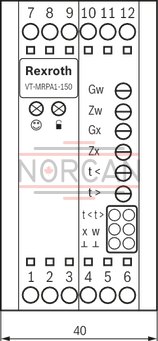 technical illustration-R901080965-Differential input for voltage Ramp generator with separately adjustable ramp times "up/down" Adjustable zero point and sensitivity Enable input Cable break detection for actual value cable Reverse polarity protection for the operating voltage LED displays for ready for operation and enable
