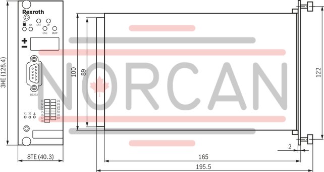 technical illustration-R978918472-Actual value recording via SSI encoder, incremental or analog position measurement system possible Free configuration of the valve control spool Control loop adjustment Jog mode controlled Separate menus for injection, holding pressure and back pressure Pressure transition via:<br>
- Position<br>
- Internal mold pressure<br>
- Hydraulic pressure via position<br>
- Discrete input Enable input and OK output &plusmn;10 V reference voltage output Front display with keys to display and change parameters as well as for diagnosis purposes. RS232 serial interface Up to 32 controller cards can be interconnected for parameterization and diagnosis via the local bus internal or analog profile I/O configuration