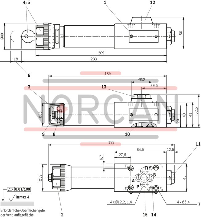 technical illustration-R901139028-For subplate mounting Porting pattern according to DIN 24340 form A Porting pattern according to ISO&nbsp;4401-03-02-0-05 (with locating hole) 4 optional adjustment types:&bull; Rotary knob&bull; Threaded pin with hexagon and protective cap&bull; Lockable rotary knob with scale&bull; Rotary knob with scale 5 pressure ratings Check valve, optional