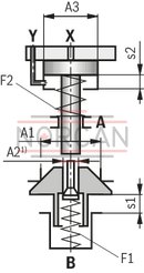 technical illustration-R900511104-Pilot operated check valve, with or without pre-decompression Flange connection Tank installation Cartridge valve without control open spool (check valve) Reduced switching noises due to damping measures Rotatable low-pressure connection (housing) Inductive position switch, optional Higher operating pressures, on request