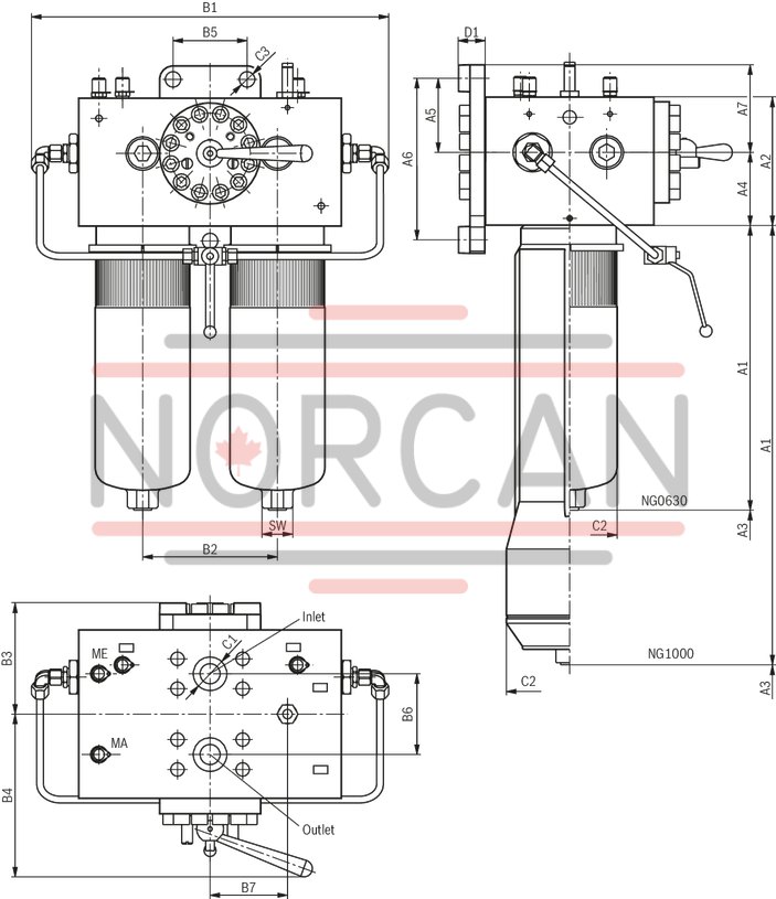 technical illustration-R928039285-Filters for inline installation, switchable Size 1000 with 2 piece filter bowl Special highly efficient filter media Filtration of very fine particles and high dirt holding capacity across a broad pressure differential range High collapse resistance of the filter elements Standard version equipped with mechanical/visual maintenance indicator with memory function Optional equipment with various electrical switching elements, modular design Bleeding and measuring port are standard