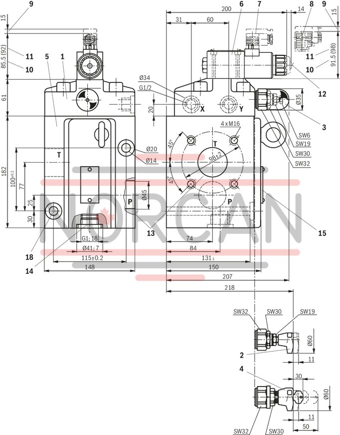 technical illustration-R900353051-For flange connection For subplate mounting 3 adjustment elements for pressure adjustment, optional:<br>
&bull; Sleeve with hexagon and protective cap<br>
&bull; Rotary knob<br>
&bull; Lockable rotary knob Solenoid-actuated unloading via a built-on directional valve Pilot oil return, internal or external Remote control port, optional Main spool insert optionally as seat spool or as sliding spool design