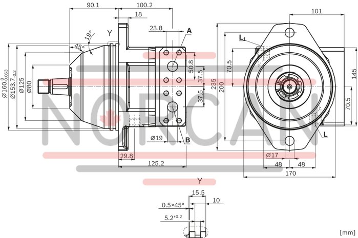 technical illustration-R902504508-Space-saving construction due to recessed mounting flange Approved for high speeds Long service life High power density Low operating noise Optional with integrated anti-cavitation valve, e.g. for fan drives Optional with speed sensor Swashplate design