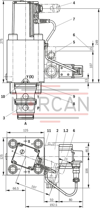 technical illustration-R900974179-High-response valve in block installation design Suitable for position, pressure, force and velocity control Pilot valve: 2-stage, mechanically returned Sercos valve NG6 or 10, trimmed, opens the main stage from A to T in case of power failure and applied pilot pressure Main stage with position control Integrated electronics (OBE) Typical applications:<br>
Presses<br>
Die casting machines<br>
Nibbling axes