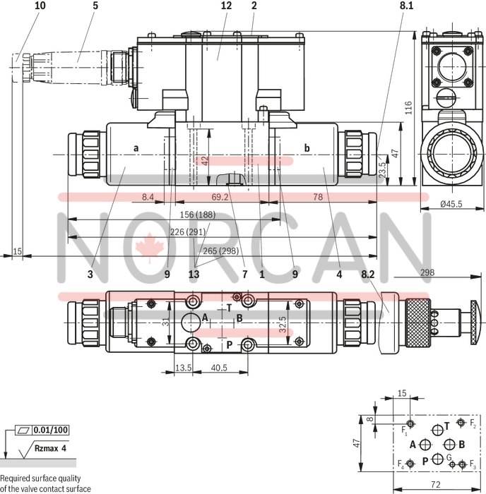 technical illustration-R961005266-Direct operated proportional valve for controlling the pressure and direction of a flow Actuation by proportional solenoid with central thread and detachable coil For subplate mounting: Porting pattern according to ISO 4401 Manual override, optional Spring-centered control spool Type 3DREPE with integrated electronics (OBE) Type 3DREP with external electronics