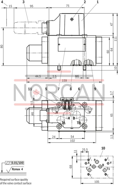 technical illustration-R900245288-Valve to control position, force, pressure or velocity 2-stage servo valve with mechanical or mechanical and electrical feedback 1st stage nozzle/flapper plate amplifier For subplate mounting: Porting pattern according to ISO 4401 Dry control motor, no contamination of the solenoid gaps by the hydraulic fluid Can also be used as 3-way version Wear-free control spool return element Control external or with integrated electronics (OBE) Valve and integrated control electronics are adjusted and tested Control spool with flow force compensation Control sleeve centrically fixed, thus low susceptibility to temperature and pressure Pressure chambers at the control sleeve with gap seal, therefore no wear of the seal ring Filter for 1st stage freely accessible from the outside