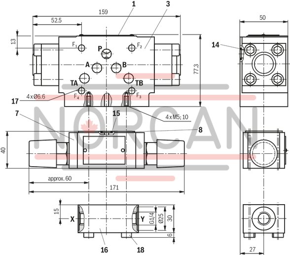 technical illustration-R900928019-Directional spool valve, pilot-operated Operating methods: Hydraulic Functioning as shut-off through valve or shut-off short-circuit through valve P and T free flow in every spool position Porting pattern according to ISO&nbsp;4401-05-04-0-05 Wet-pin DC or AC solenoids, optional Optional auxiliary operating device Electrical connection as individual or central connection, see RE&nbsp;23178 Switching time adjustment, optional Stroke setting at main spool, optional Inductive position switch and proximity sensors (contactless)