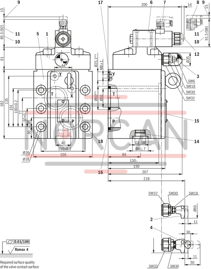 technical illustration-R900353051-For flange connection For subplate mounting 3 adjustment elements for pressure adjustment, optional:<br>
&bull; Sleeve with hexagon and protective cap<br>
&bull; Rotary knob<br>
&bull; Lockable rotary knob Solenoid-actuated unloading via a built-on directional valve Pilot oil return, internal or external Remote control port, optional Main spool insert optionally as seat spool or as sliding spool design