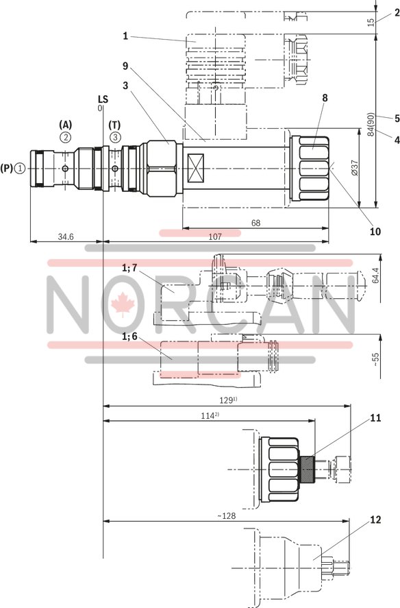technical illustration-R901151279-3/2 directional poppet valve, direct operated with solenoid actuation