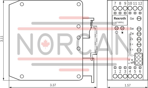 technical illustration-R901094750-Differential input for voltage Ramp generator with separately adjustable ramp times "up/down" Adjustable zero point and sensitivity Adjustable step level Cable break detection for actual value cable Reverse polarity protection for the operating voltage LED displays for ready for operation and enable
