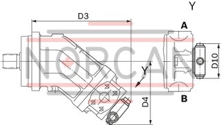 technical illustration-R902137697-Large variety of available nominal sizes allows exact adjustment to the application High power density Very high total efficiency High starting efficiency Working ports SAE flange or thread Optional with integrated pressure relief valve Optional with mounted addifitonal valve: counterbalance valve (BVD/BVE), flushing and boost-pressure valve Bent-axis design
