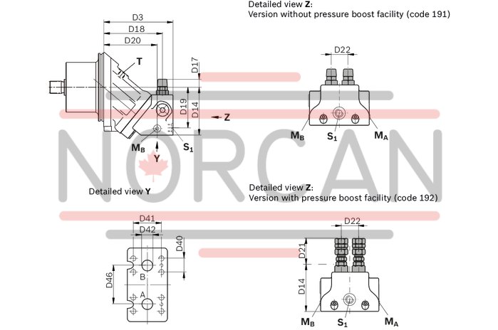 technical illustration-R902155652-Space-saving construction due to recessed mounting flange Easy to install, simply slide into the mechanical gearbox High power density Very high total efficiency High starting efficiency Optional with integrated pressure relief valve Optional with mounted addifitonal valve: counterbalance valve (BVD/BVE), flushing and boost-pressure valve Bent-axis design