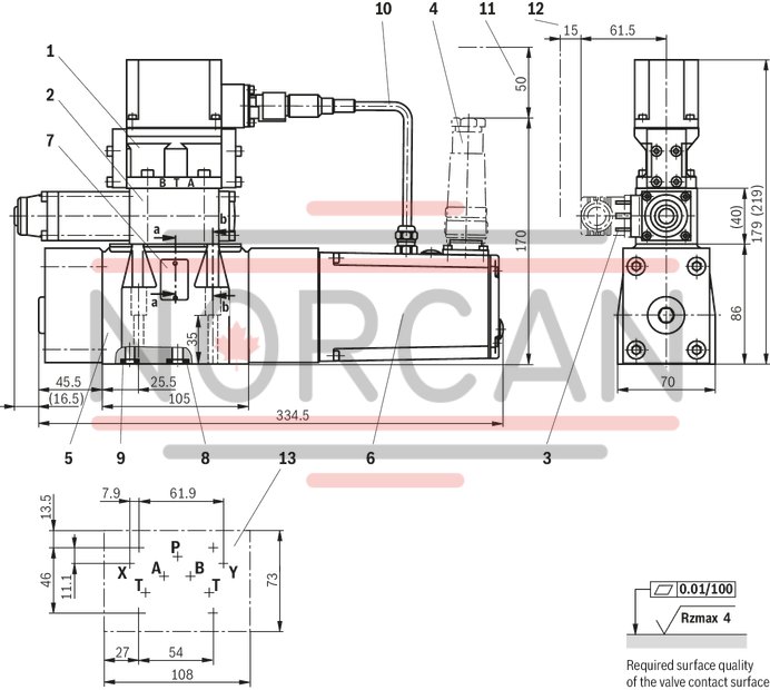 technical illustration-R900975158-Pilot-operated high-response directional valve, 2-stage, with electrical position feedback of the main control spool and integrated electronics (OBE) It is suitable for the position, pressure, force and velocity control when there are simultaneously high requirements on the dynamics in the small signal range and the response sensitivity Pilot control valve: single-stage servo valve according to nozzle/flapper plate principle Position sensing of the main control spool by means of an inductive position transducer High response sensitivity and low hysteresis Replaceable filter element Integrated control electronics, external zero point correction possible For subplate mounting: Porting pattern according to DIN 24340 form A and ISO 4401