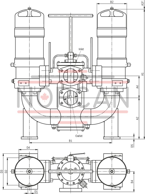 technical illustration-R928020171-Filters for inline installation, switchable Special highly efficient filter media Filtration of very fine particles and high dirt holding capacity across a broad pressure differential range Optionally equipped with mechanical optical maintenance indicator with memory function Optional equipment with various electrical switching elements, modular design Optional bypass valve integrated in the filter housing Switch-over via bank segment change-over Inlet above, outlet below