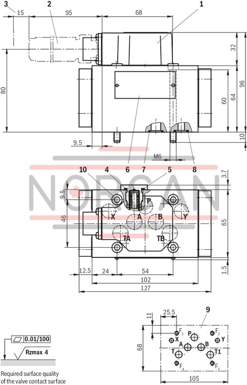 technical illustration-R900245288-Valve to control position, force, pressure or velocity 2-stage servo valve with mechanical or mechanical and electrical feedback 1st stage nozzle/flapper plate amplifier For subplate mounting: Porting pattern according to ISO 4401 Dry control motor, no contamination of the solenoid gaps by the hydraulic fluid Can also be used as 3-way version Wear-free control spool return element Control external or with integrated electronics (OBE) Valve and integrated control electronics are adjusted and tested Control spool with flow force compensation Control sleeve centrically fixed, thus low susceptibility to temperature and pressure Pressure chambers at the control sleeve with gap seal, therefore no wear of the seal ring Filter for 1st stage freely accessible from the outside