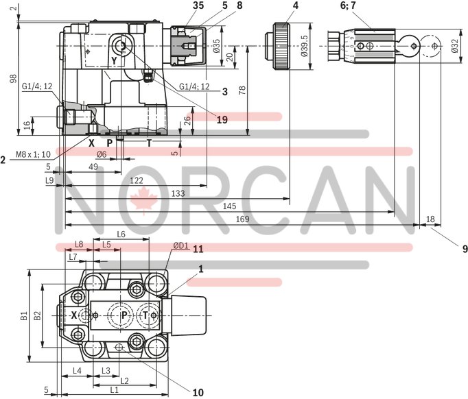 technical illustration-R900597232-For subplate mounting Porting pattern according to ISO&nbsp;6264-06-09 (NG10), ISO&nbsp;6264-08-13 (NG25) and ISO&nbsp;6264-10-17 (NG32) For threaded connection As screw-in cartridge valve (cartridge) 4 adjustment types for pressure adjustment, optionally<br>
&bull; Rotary knob<br>
&bull; Sleeve with hexagon and protective cap<br>
&bull; Lockable rotary knob with scale<br>
&bull; Rotary knob with scale 5 pressure ratings Corrosion-protected design