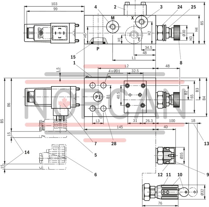 technical illustration-R901313446-Zero-pressure start-up and circulation of the pump Intended for direct mounting onto the SAE pressure port of the pump Low circulation pressure due to short distance Low compression volume for soft switching to depressurized circulation Quick pressure build-up 4 adjustment types for pressure adjustment, optionally<br>
&bull; Rotary knob<br>
&bull; Sleeve with hexagon and protective cap<br>
&bull; Lockable rotary knob with scale<br>
&bull; Rotary knob with scale 5 pressure ratings, optional Low noise level due to direct flange mounting at the pump