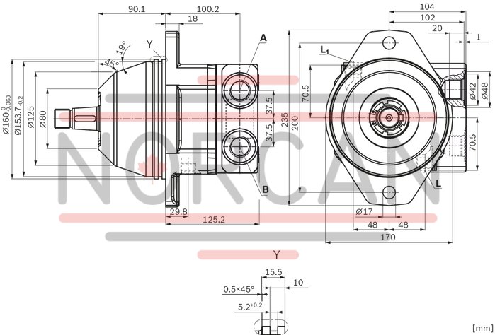 technical illustration-R902504508-Space-saving construction due to recessed mounting flange Approved for high speeds Long service life High power density Low operating noise Optional with integrated anti-cavitation valve, e.g. for fan drives Optional with speed sensor Swashplate design