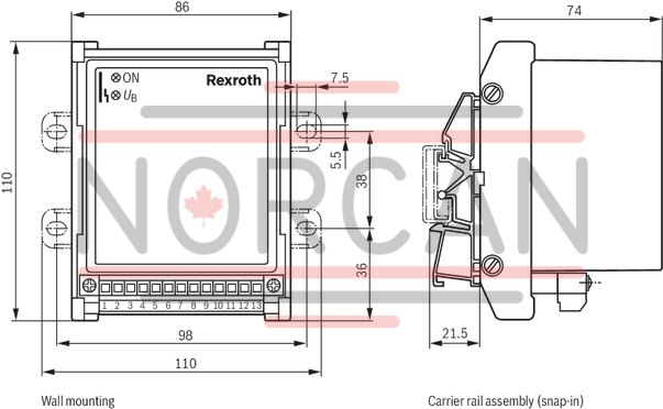 technical illustration-0811405140-suitable for controlling valves with installed electronics for position and velocity control Design: Module for snapping onto carrier rails Enable input Cable break detection for actual value cable Short-circuit-proof interfaces Test points on front plate Compensation jump can be switched off Position: PT1 control Velocity control possible in connection with tachometer (speed indicator): PI control Area adjustment cylinder
