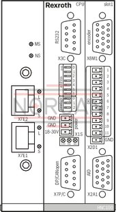 technical illustration-R901134614-For controlling 1 to 4 axes NC programming WinPed 7 operating software<br>
Not released for Windows 10! CE conformity according to EMC directive 2004/108/EC Freely configurable controller variants<br>
- Position control<br>
- Force control<br>
- Pressure control<br>
- Alternating position/pressure or position/force controls<br>
- Velocity control<br>
- Path-dependent decelerating<br>
- Synchronism (master/slave or mean principle) Bus connection (Sercos, PROFINET RT, EtherNet/IP) Actual value detection<br>
- Positional transducer: Incremental<br>
- Positional transducer: Absolute (SSI)<br>
‑ Analog 0 to &plusmn;10 V and 0 (4) to 20 mA Actuating variable output: voltage or current Service interface: RS232, optional TCP/IP