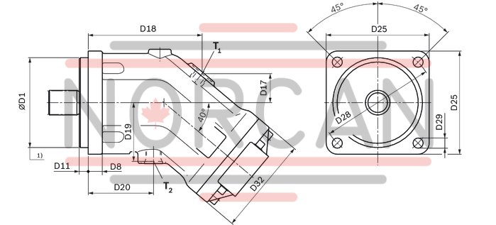 technical illustration-R902202055-Large variety of available nominal sizes allows exact adjustment to the application High power density Very high total efficiency High starting efficiency Working ports SAE flange or thread Optional with integrated pressure relief valve Optional with mounted addifitonal valve: counterbalance valve (BVD/BVE), flushing and boost-pressure valve Bent-axis design
