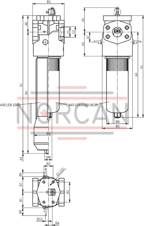 technical illustration-R928044064-Filters for inline installation Special highly efficient filter media Filtration of very fine particles and high dirt holding capacity across a broad pressure differential range High collapse resistance of the filter elements Standard version equipped with mechanical/visual maintenance indicator with memory function Optional equipment with various electrical switching elements, modular design Optional bypass valve integrated in the filter housing Size 1000 with 2 piece filter bowl High filtration performance due to the tangential cyclone-effect flow path Optional measuring port
