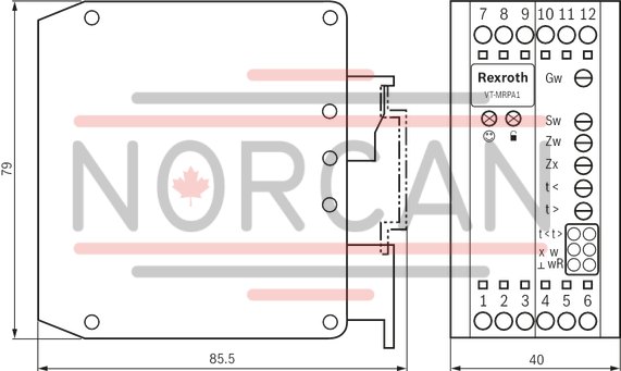 technical illustration-R901094750-Differential input for voltage Ramp generator with separately adjustable ramp times "up/down" Adjustable zero point and sensitivity Adjustable step level Cable break detection for actual value cable Reverse polarity protection for the operating voltage LED displays for ready for operation and enable