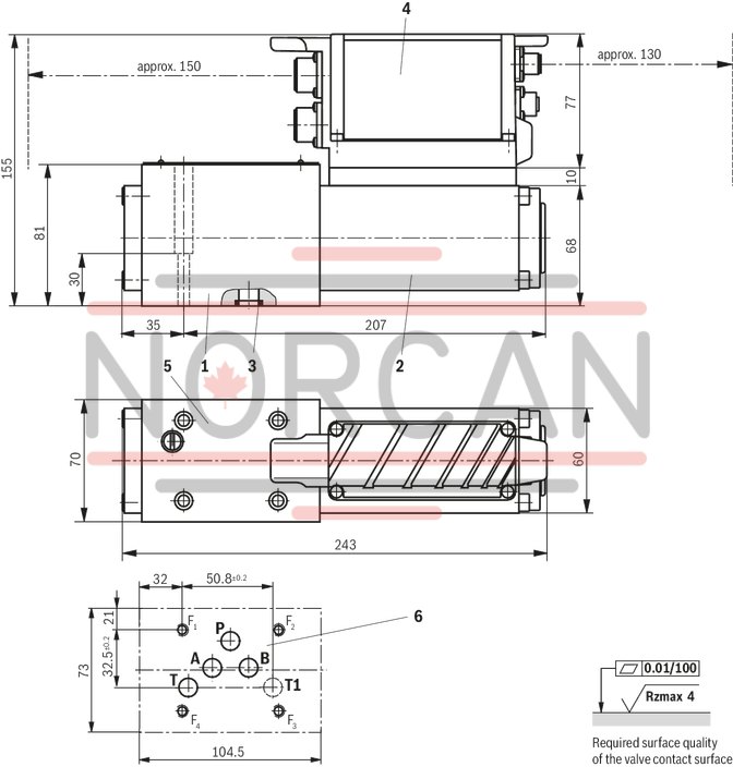 technical illustration-R901182077-Direct operated high-response valves with control spool and sleeve in servo quality Operated on one side, 4/4 fail-safe position in switched-off condition Integrated digital axis control functionality (IAC-R) for:<br>
- Position control with underlying velocity control<br>
- DSC functionality Analog and digital interfaces for command and actual values<br>
- 4 x analog sensors (+/-10 V or 4 ... 20 mA) or<br>
- 1 x length measurement system (1 Vpp or SSI) and 2 analog sensors Command value presetting/actual value response analog (current or voltage) via field bus Analog/digital inputs/outputs, configurable Fieldbus connection<br>
- CAN bus with CANopen protocol DS408<br>
- Profibus-DP Vo/V1 Quick start-up via PC and commissioning software