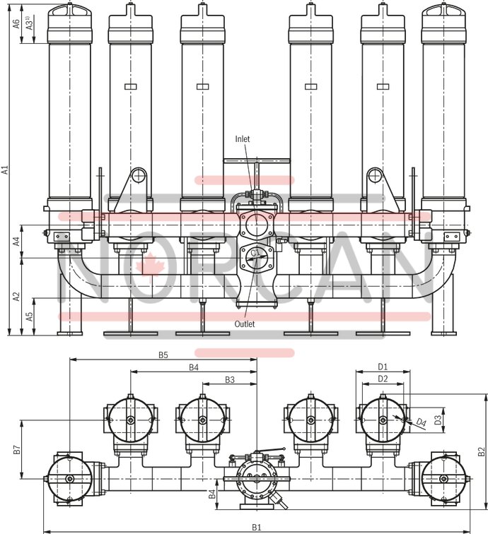 technical illustration-R928020171-Filters for inline installation, switchable Special highly efficient filter media Filtration of very fine particles and high dirt holding capacity across a broad pressure differential range Optionally equipped with mechanical optical maintenance indicator with memory function Optional equipment with various electrical switching elements, modular design Optional bypass valve integrated in the filter housing Switch-over via bank segment change-over Inlet above, outlet below