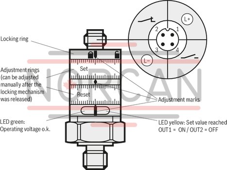 technical illustration-R901141184-Electronic pressure switch, 2 antivalent switching outputs, pressure range 0 &hellip; 100 bar, connector 4-pole M12x1 A-coded