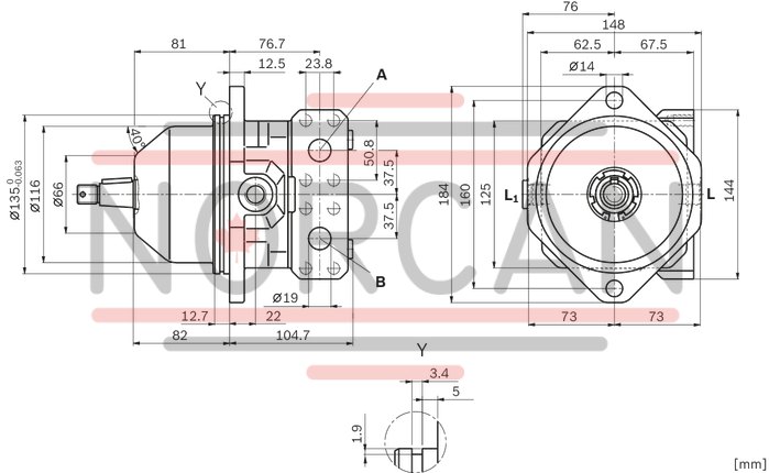 technical illustration-R902504508-Space-saving construction due to recessed mounting flange Approved for high speeds Long service life High power density Low operating noise Optional with integrated anti-cavitation valve, e.g. for fan drives Optional with speed sensor Swashplate design