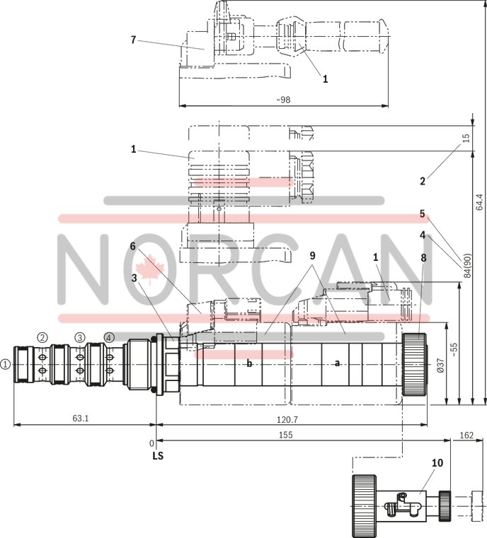technical illustration-R901237594-Mounting cavity R/UNF10-04-0-06 Wet-pin DC solenoids Solenoid coil can be rotated Optional auxiliary operating device