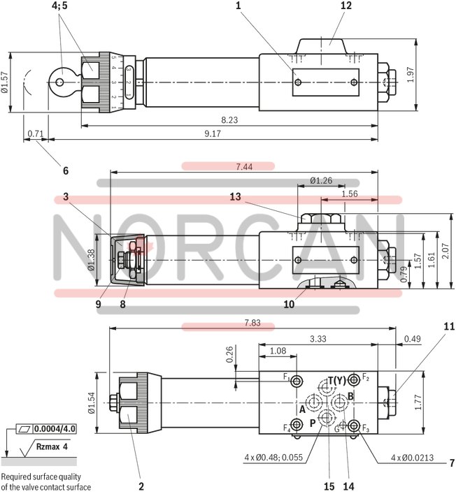 technical illustration-R901139028-For subplate mounting Porting pattern according to DIN 24340 form A Porting pattern according to ISO&nbsp;4401-03-02-0-05 (with locating hole) 4 optional adjustment types:&bull; Rotary knob&bull; Threaded pin with hexagon and protective cap&bull; Lockable rotary knob with scale&bull; Rotary knob with scale 5 pressure ratings Check valve, optional