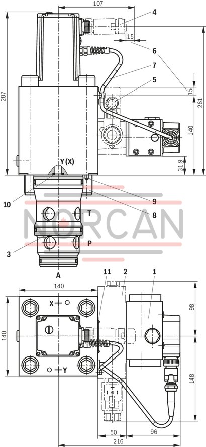 technical illustration-R900974179-High-response valve in block installation design Suitable for position, pressure, force and velocity control Pilot valve: 2-stage, mechanically returned Sercos valve NG6 or 10, trimmed, opens the main stage from A to T in case of power failure and applied pilot pressure Main stage with position control Integrated electronics (OBE) Typical applications:<br>
Presses<br>
Die casting machines<br>
Nibbling axes