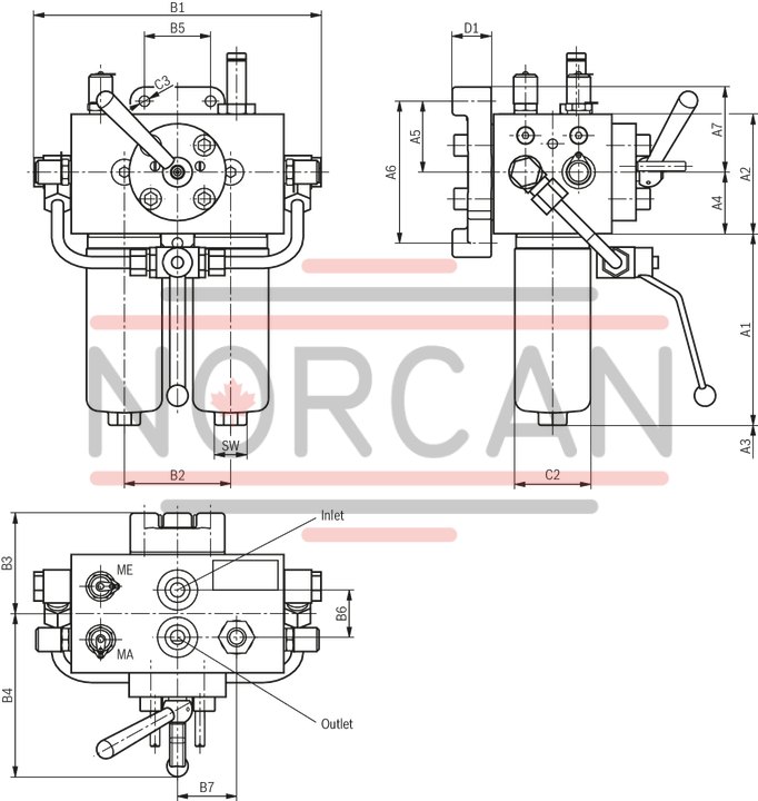 technical illustration-R928039285-Filters for inline installation, switchable Size 1000 with 2 piece filter bowl Special highly efficient filter media Filtration of very fine particles and high dirt holding capacity across a broad pressure differential range High collapse resistance of the filter elements Standard version equipped with mechanical/visual maintenance indicator with memory function Optional equipment with various electrical switching elements, modular design Bleeding and measuring port are standard