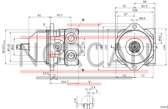 technical illustration-R902504508-Space-saving construction due to recessed mounting flange Approved for high speeds Long service life High power density Low operating noise Optional with integrated anti-cavitation valve, e.g. for fan drives Optional with speed sensor Swashplate design