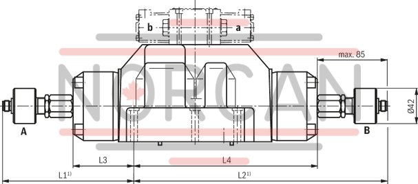 technical illustration-R978891904-Type of actuation: pneumatic-hydraulic For subplate mounting Porting pattern according to ISO&nbsp;4401 Subplates according to data sheets 45054 to 45060 (separate order) Spring centering, spring end position or hydraulic end position Optional auxiliary operating device Switching time adjustment, optional Preload valve in channel P of the main valve, optional Stroke setting at main spool, optional Stroke setting and/or end position control, optional Inductive position switch and proximity sensors (contactless)