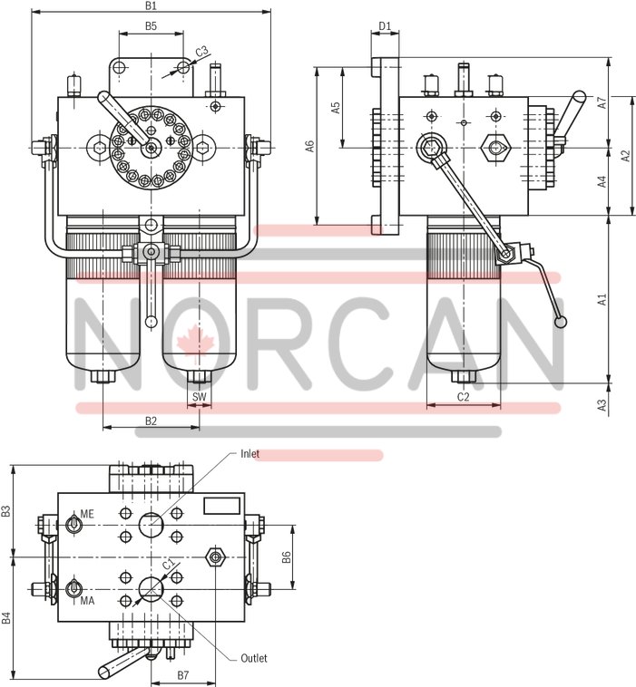 technical illustration-R928039285-Filters for inline installation, switchable Size 1000 with 2 piece filter bowl Special highly efficient filter media Filtration of very fine particles and high dirt holding capacity across a broad pressure differential range High collapse resistance of the filter elements Standard version equipped with mechanical/visual maintenance indicator with memory function Optional equipment with various electrical switching elements, modular design Bleeding and measuring port are standard